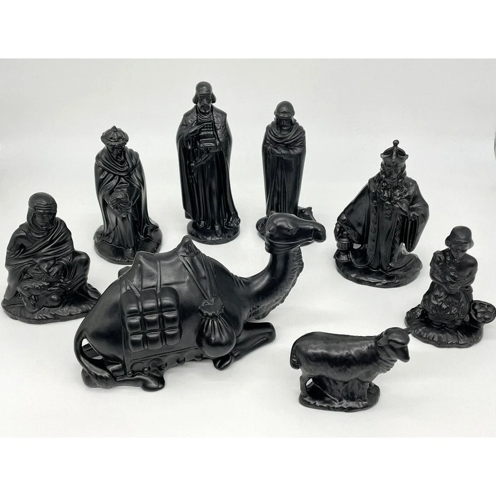 Black Ceramic 8 Piece Christmas Nativity Set Holland Mold Signed‎ Vintage